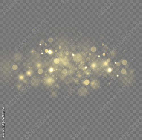 Blur yellow sparks and glitter special light effect. Fine, shiny bokeh dust particles fall off slightly. Defocused golden sparkle, stars and blurry spots. Magical gold flickering lights. Vector.