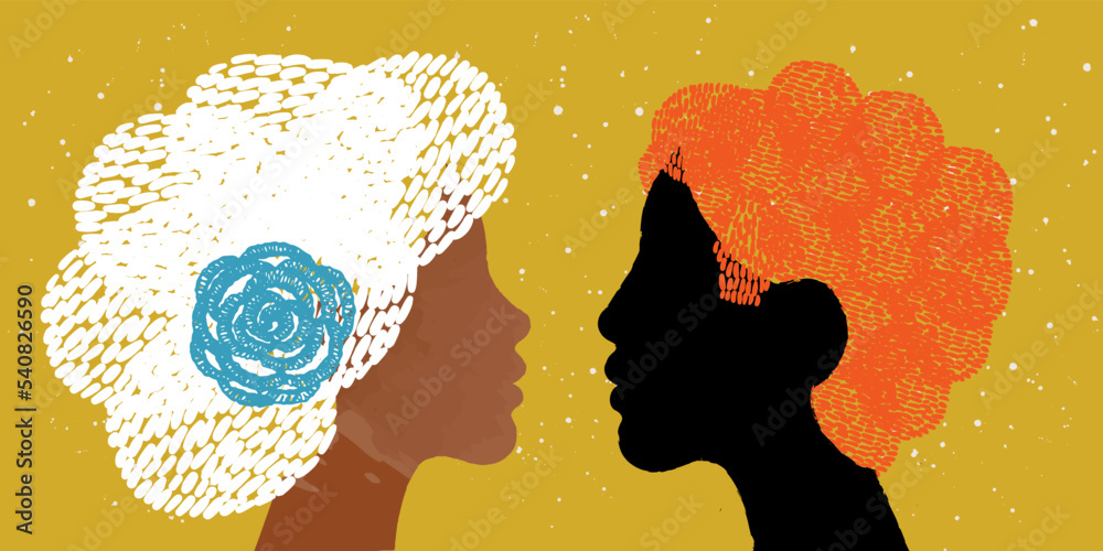 Fototapeta premium diversity people - straight couple - black face man and red hair - black face woman and White hair - face to face