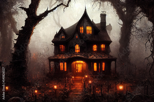 Haunted house, a creepy haunted house in the dark mysterious forest, Halloween theme