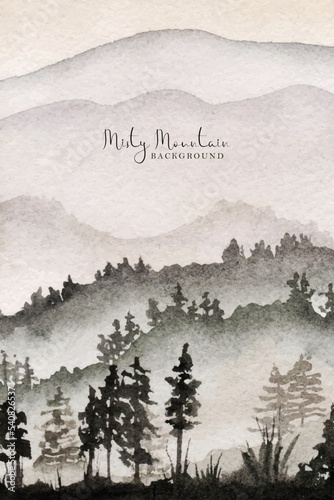 landscape with trees and misty mountain watercolor painting background