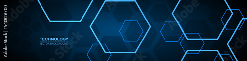 Technology dark blue wide abstract background with hexagonal elements. Abstract hexagon medical navy blue horizontal banner. Innovation medicine, science, technology or high intelligence design.
