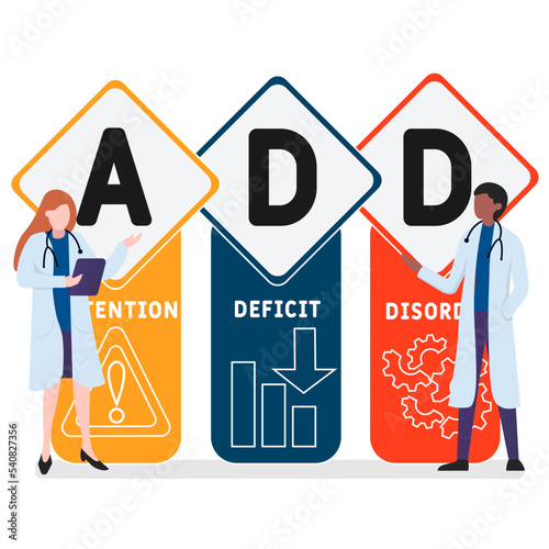 ADD - Attention Deficit Disorder acronym, medical concept background. vector illustration concept with keywords and icons. lettering illustration with icons for web banner, flyer, landing page