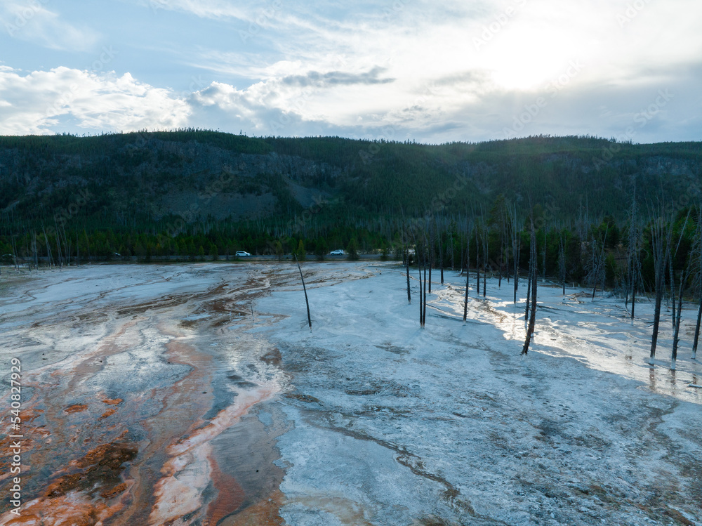 Fountain Paint Pot trail between geyser, boiling mud pools and burnt trees in in Yellowstone National Park in Wyoming