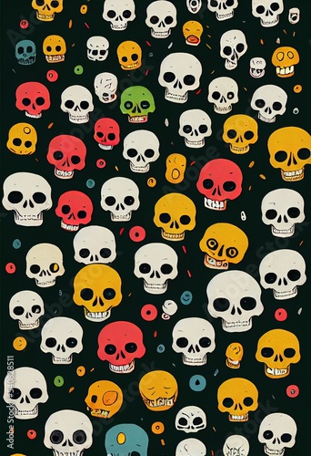 A moltitude of skulls, colorful illustration background, design wallpaper, made with AI
