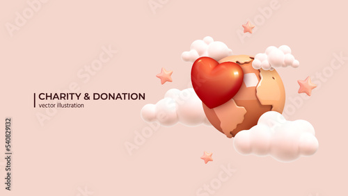Carity - 3D Concept of support and kindness in community. Share empathy and hope with needy. Help and compassion in life. Realistic 3d cartoon minimal style. Vector illustration