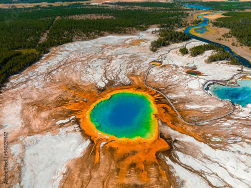 Aerial view of Grand Prismatic Spring in Midway Geyser Basin, Yellowstone National Park, Wyoming, USA. It is the largest hot spring in the United States