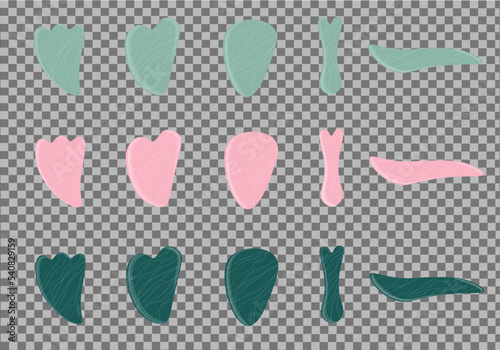 Gua Sha massage. Jade Stone Take care of your face. Preservation of youth. Facial skin care, youth and beauty.A set of tools Vector illustration.	