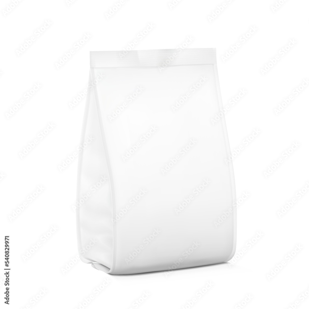 Vertical bag with gusset edges mockup. Vector illustration isolated on white background. Half side view. Can be use for your design, presentation, promo, ad. EPS10. Vertical bag with gusset edges mockup. Vector illustration isolated on white background. Half side view. Can be use for your design, presentation, promo, ad. EPS10.