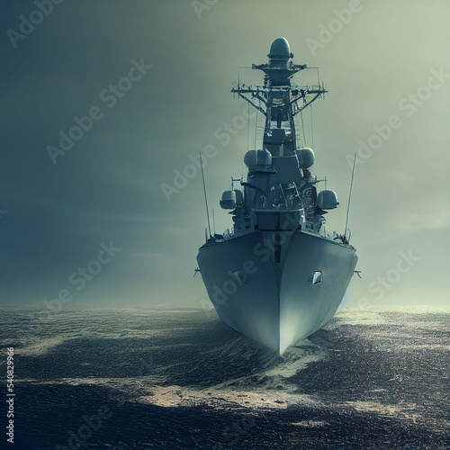 Fényképezés Warship in the stormy sea. 3D illustration