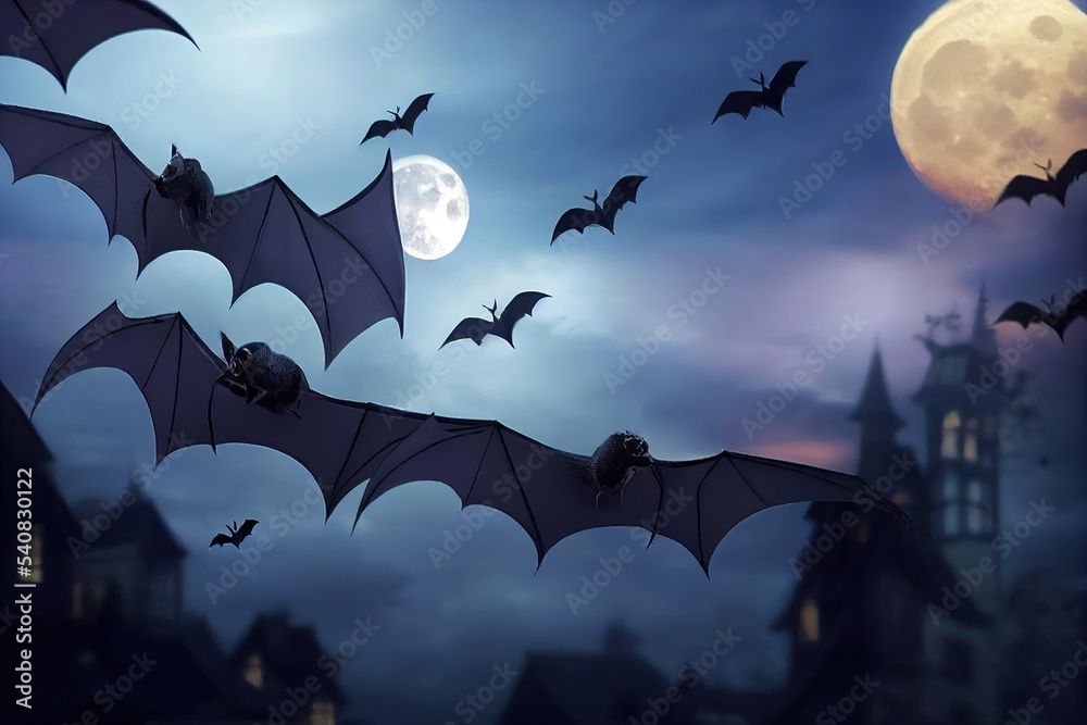 A dark castle lit by the full moon on Halloween night. horror fantasy theme. with bats flying. 3D illustration.
