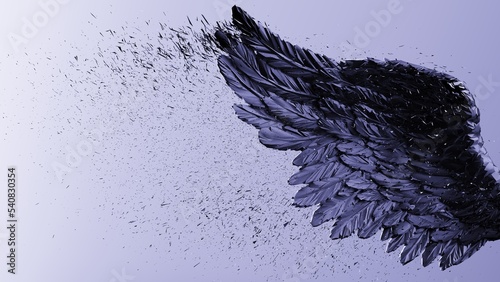 Blue tone black wing with black particles under black-white lighting background. Concept image of free activity, decision without regret and strategic action. 3D CG. 3D illustration.