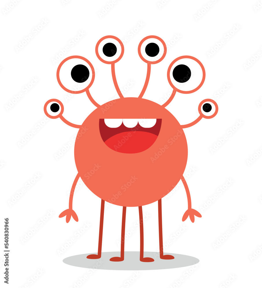 Obraz premium Orange monster character. Round cute mutant with more eyes. Toy or mascot for children. Poster or banner for website, sticker for social networks and messengers. Cartoon flat vector illustration