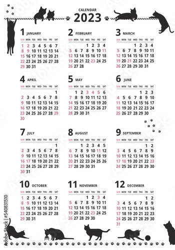2023年_年間カレンダー_猫シルエット