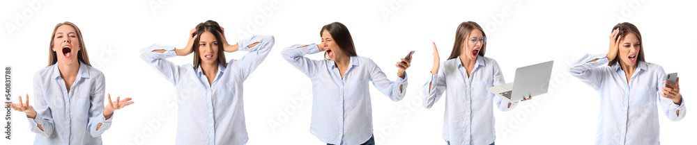 Set of stressed young woman isolated on white Set of stressed young woman isolated on white