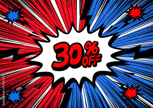 30 Percent OFF Discount on a Comics style bang shape background. Pop art comic discount promotion banners.