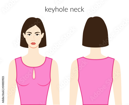 Keyhole neckline clothes character beautiful lady in pink top, shirt, dress technical fashion illustration with fitted body. Flat apparel template front, back sides. Women, men unisex CAD mockup