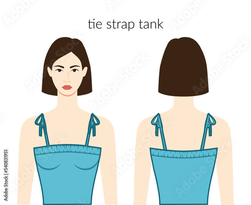 Tie strap neckline tank clothes character beautiful lady in blue top, shirt, dress technical fashion illustration with fitted body. Flat apparel template front, back side. Women, men unisex CAD mockup