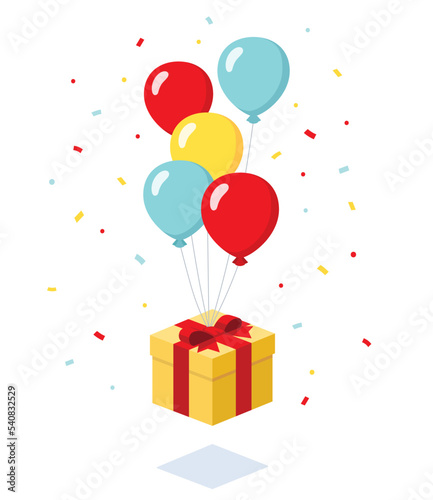 Happy anniversary with helium balloons, gift box. confetti flat design isometric illustration, vector ui interface decorative elements for icon app web banner card isolated on white background