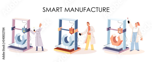 Manufacturing process industry. Scientist robot assembling products. Smart manufacture, automation development metaphor. Smart industry product design, automated production, robots and machinery 4.0