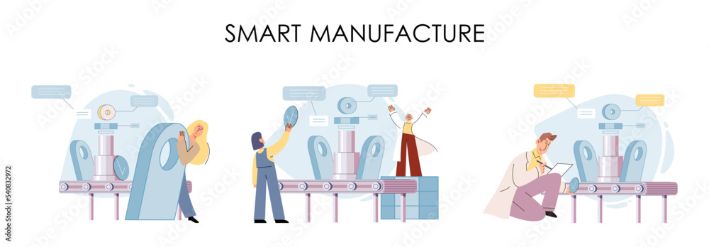 Smart manufacture, automation development metaphor. Innovative smart industry product design, manufacturing process, automated production line, delivery and distribution robots machinery industry 4.0