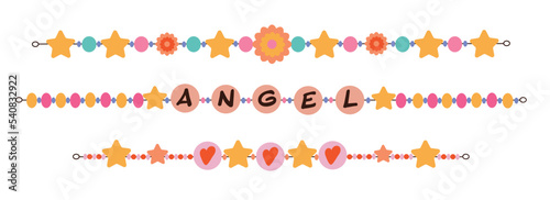Bracelets from plastic beads in y2k style. Friendship, love bands. Colorful funky bracelets with letters, stars, hearts. Cartoon style. Hand made, diy concept. Flat vector set. 
