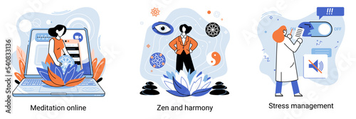 Meditation online. Self-management, self regulation learning, self-organization course, control over emotions metaphor Online yoga at home meditating. Deals with stress management, zen and harmony