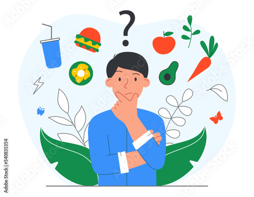 Harmful or useful food. Man chooses diet and forms his nutrition. Young guy next to burger, donut and cocktail icons. Fast food vs natural and organic products. Cartoon flat vector illustration