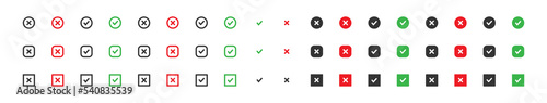 Checkmark icon set. Tick mark icon. Check, correct, yes, ok green sign. Cross, close, no, x red web buttot symbol in vector flat photo