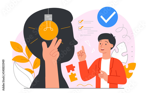 New smart ideas. Man turns on light bulb inside abstract head silhouette. Creative personality and logical thinking. Poster or banner. Insight and brainstorming. Cartoon flat vector illustration