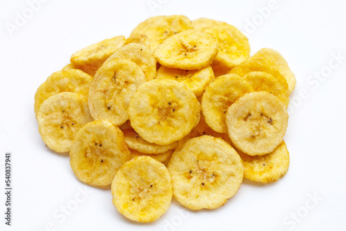 Banana slice chips on white background.
