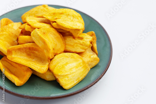 Jackfruit chips on white background