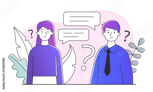 People communicate concept. Man and woman interact. Social networks and messengers. Young couple on date, employees and colleagues. Poster or banner for website. Cartoon flat vector illustration