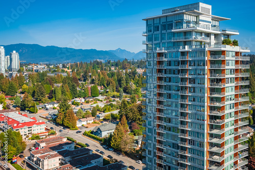 Aerial view of Coquitlam skyline and residential apartment buildings. Taken in Greater Vancouver BC Canada photo