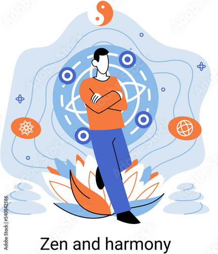Zen and harmony metaphor, meditation practice. Balance, relaxation, mindfulness. Calm person relaxing. Yoga and spiritual practice, relax, recreation, healthy lifestyle. Japanese cult of mind and body
