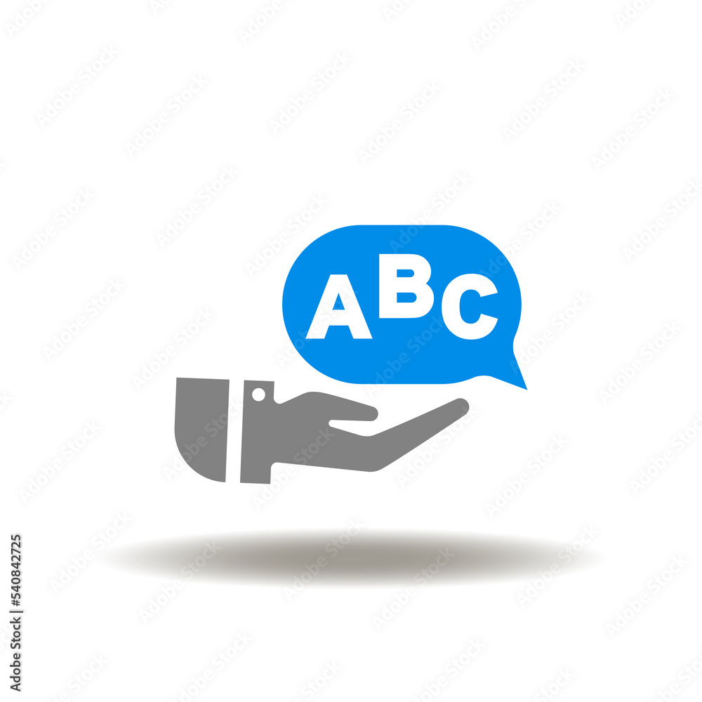 Vector illustration of hand and speech bubble with A B C letters. Icon of alphabet and education. Symbol of english language course learning. Sign of ESL English as a Second Language. Vector illustration of hand and speech bubble with A B C letters. Icon of alphabet and education. Symbol of english language course learning. Sign of ESL English as a Second Language.