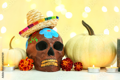 Painted human skull with so...