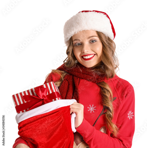 Young woman in Santa hat wi...