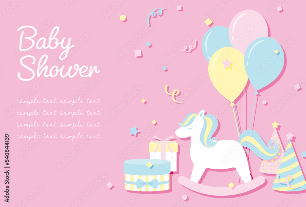 vector background with a rocking horse, balloons, gift boxes and party hats for banners, baby shower cards, flyers, social media wallpapers, etc.