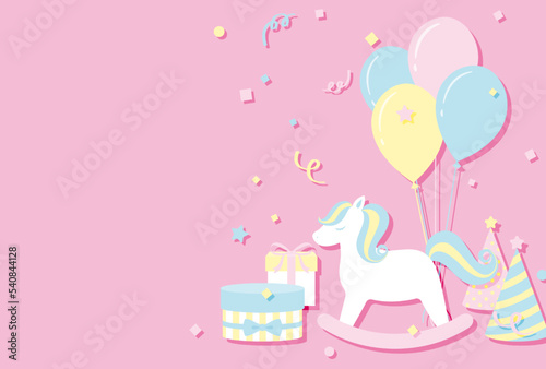 vector background with a rocking horse  balloons  gift boxes and party hats for banners  baby shower cards  flyers  social media wallpapers  etc.