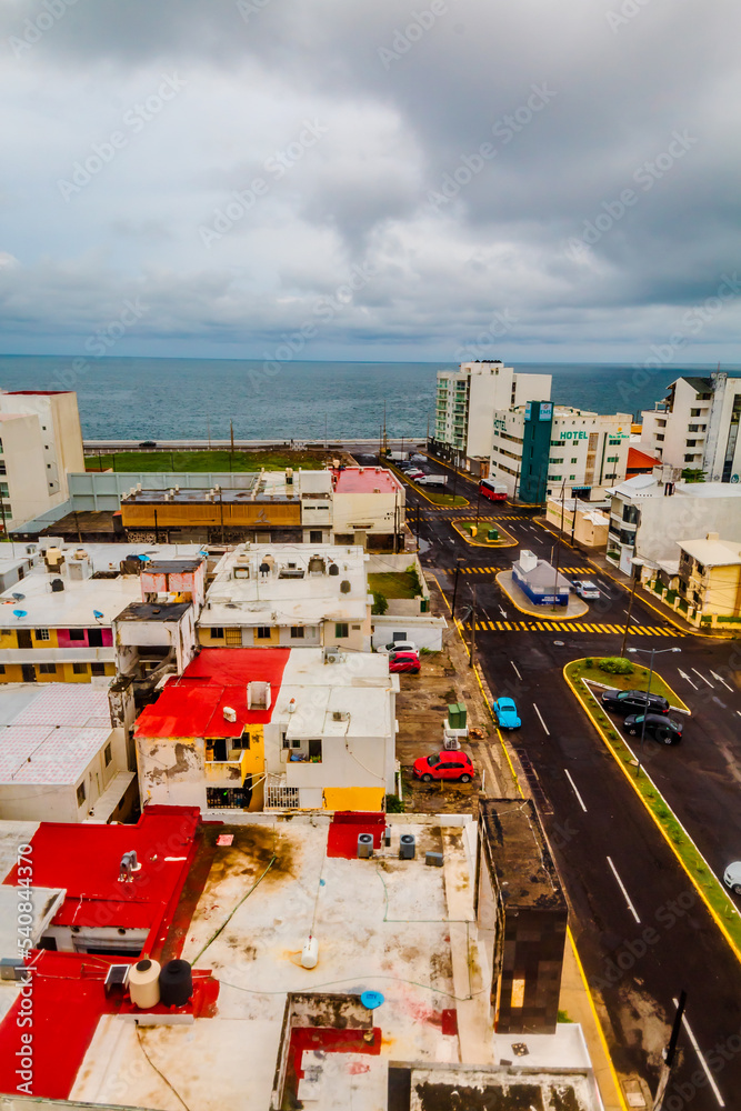 aereal view from a city in front of the sea in cloudy day, boca del rio veracruz 