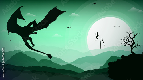 mountain backgroud. witch versus dragon illustration. floating witch with magic book in hand. fantasy wallpaper with mythological animal. fight with sword background.