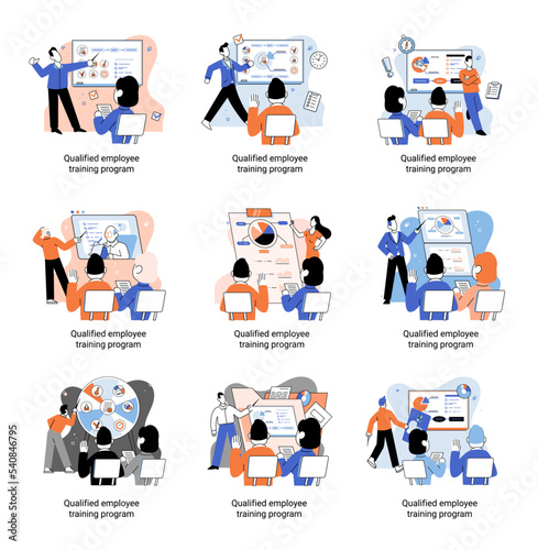 Qualified employee training program. Refresher course metaphor. Help in professional development. Learning for software development and growth. Agile project management team project life scrum meeting