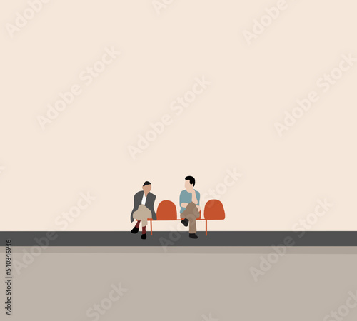 People are sitting and waiting bus. Public transport.  Transportation around City.