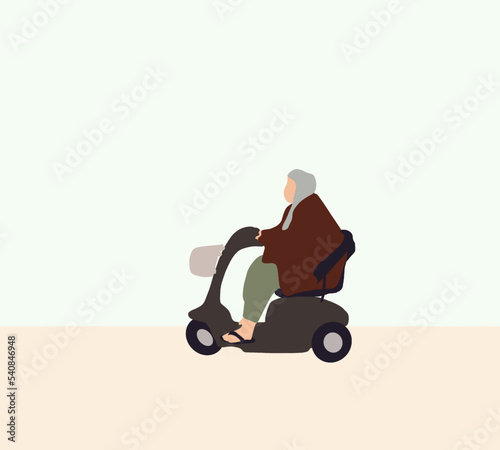 Elderly woman rides an electric wheelchair on the street. Healthy strong medical concept. Transport for old people.
