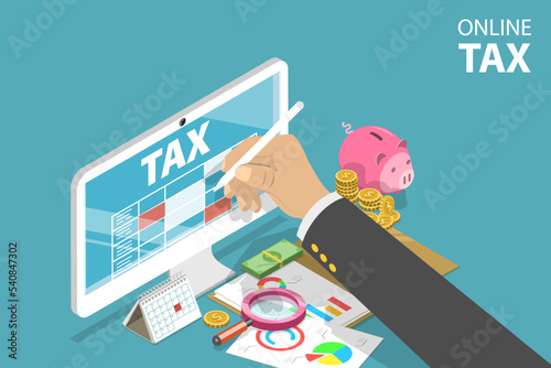 3D Isometric Flat Vector Conceptual Illustration of Online Tax Calculator, Accounting and Financial Management