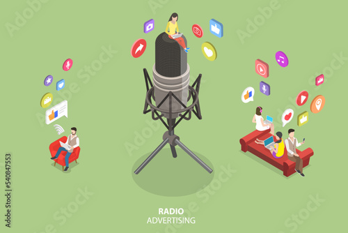3D Isometric Flat Vector Conceptual Illustration of Radio Advertising, Marketing Campaign