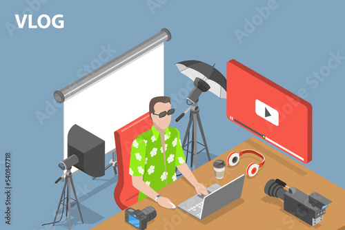 3D Isometric Flat Vector Conceptual Illustration of Vlogging, Digital Video Advertising and Media Marketing