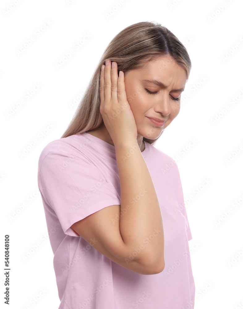 Young woman suffering from ear pain on white background Young woman suffering from ear pain on white background