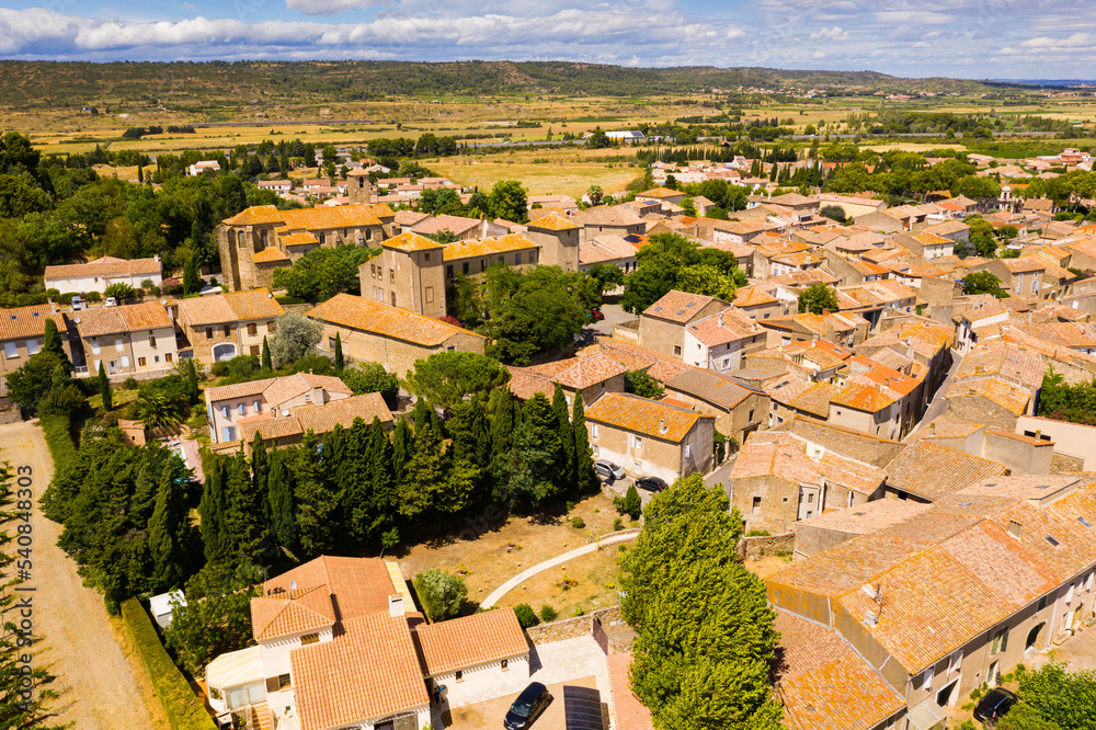 Aerial view of houses of Fontcouverte commune in Aude department, southern France