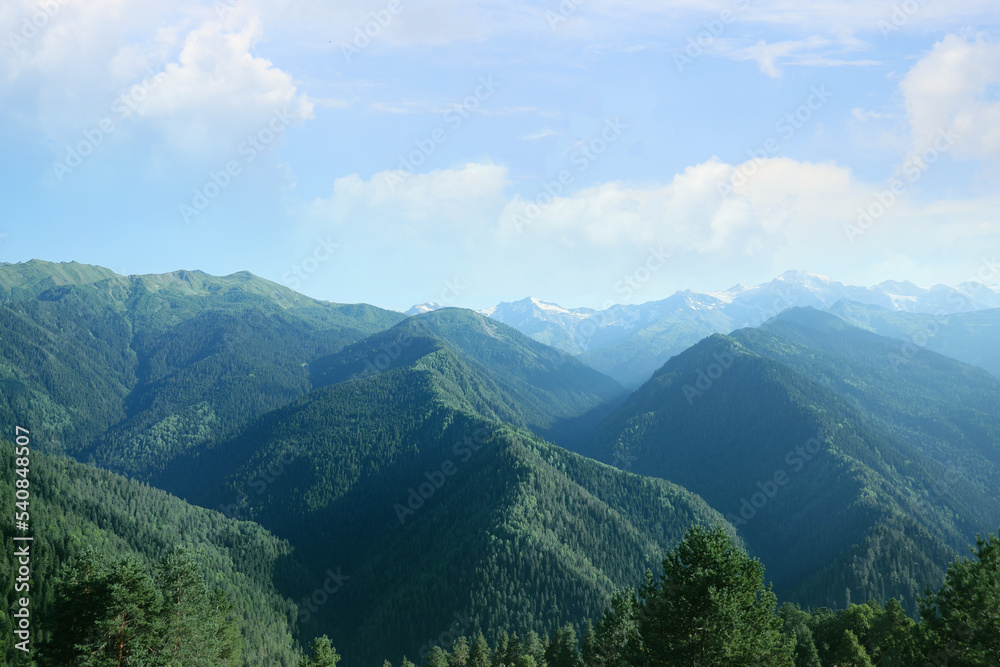 Obraz premium Aerial view of beautiful landscape with mountain forest on sunny day